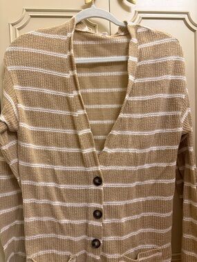 Socialite Tan & White Striped V-Neck Button Cardigan